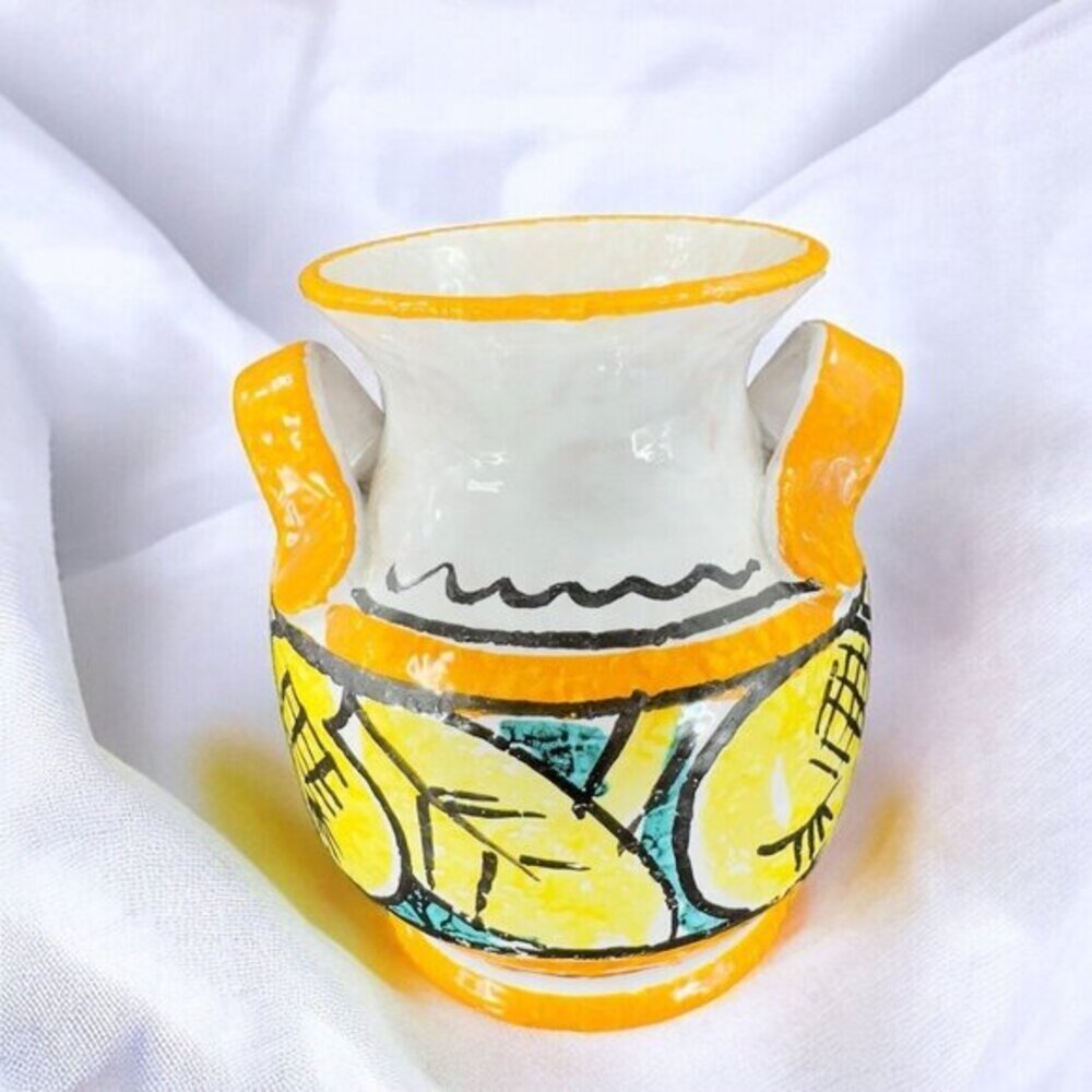 Italian Pottery Vase With Handles Hand Painted Yellow Leafs Lemons‎ Marked Italy